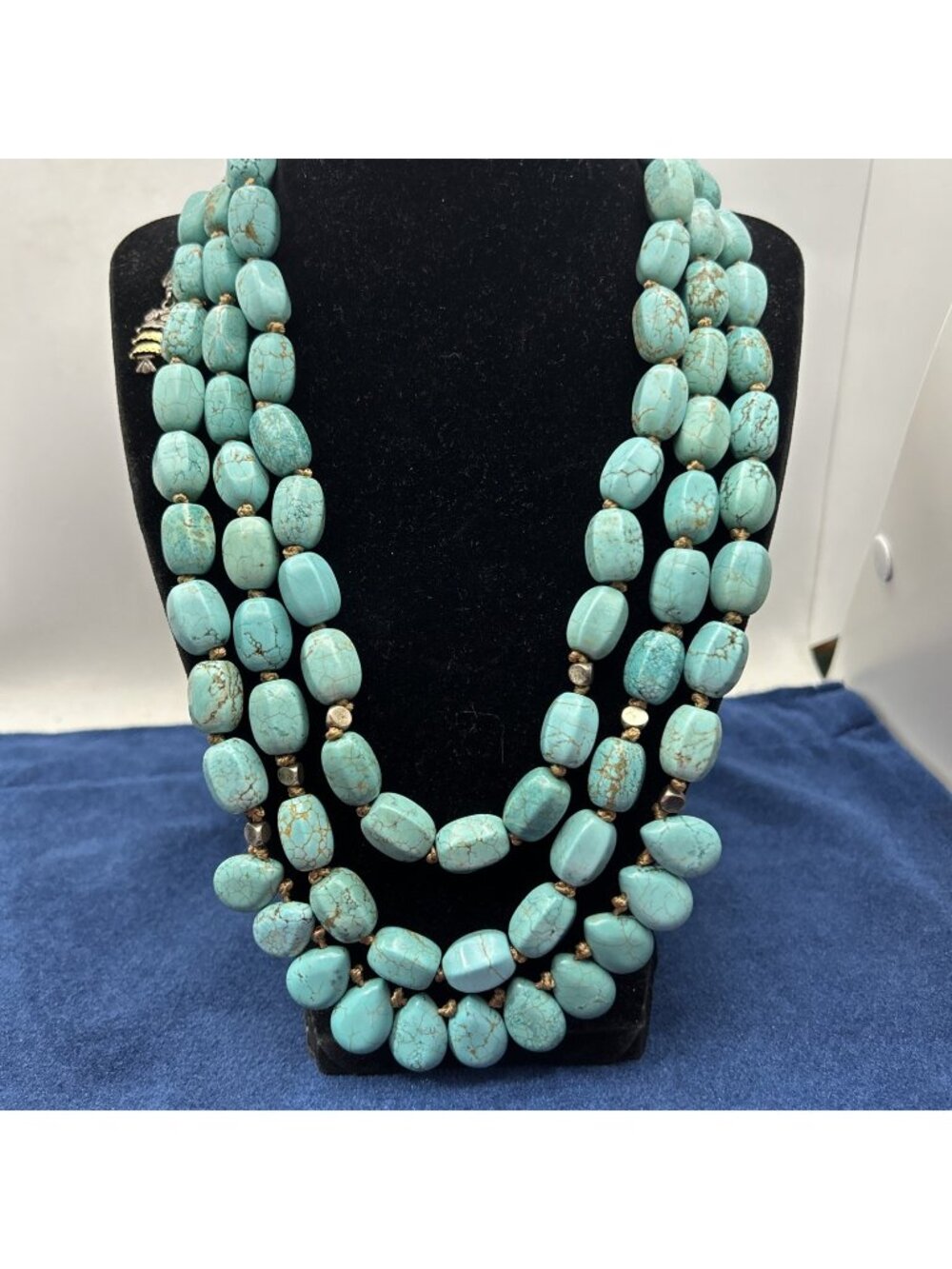 Turquoise 925 Thai 3 Strand Southwest Necklace 19 Inch Owl Marker Mark